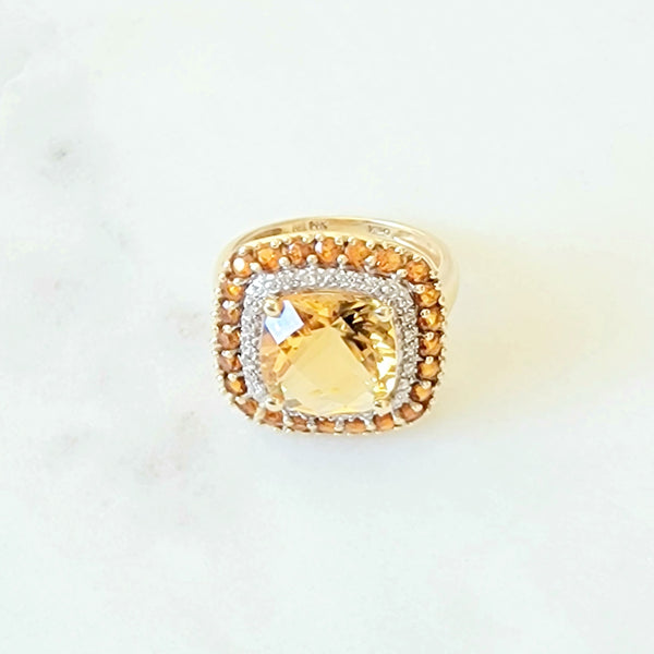 Citrine and Topaz Double Halo Yellow Gold Ring