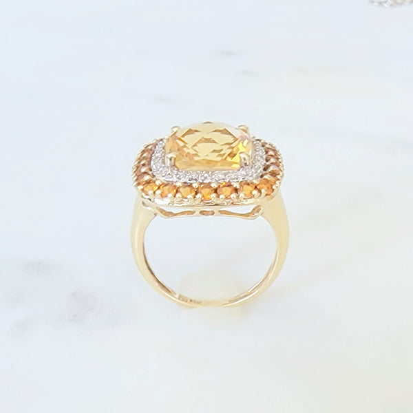Citrine and Topaz Double Halo Yellow Gold Ring