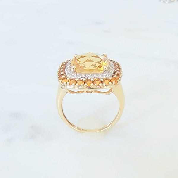 Citrine and Topaz Double Halo Yellow Gold Ring